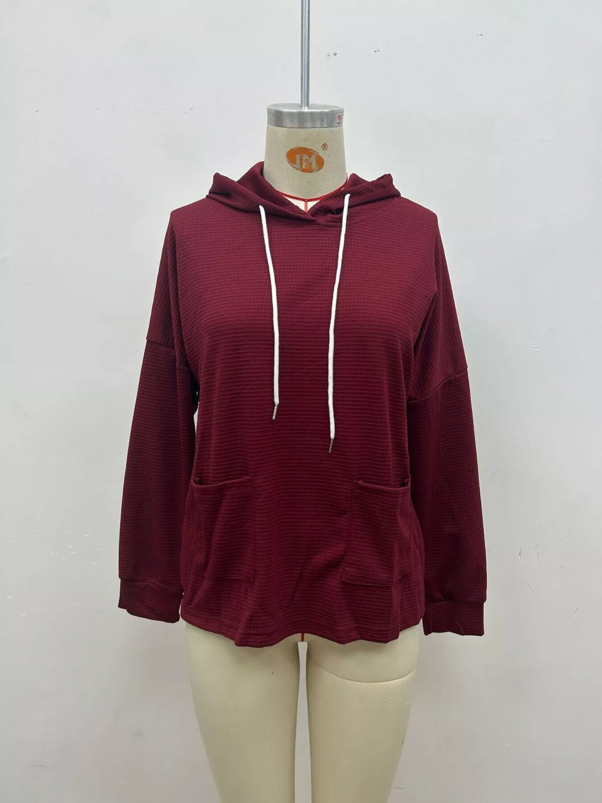 Full Size Waffle Knit Drawstring Long Sleeve Hoodie Plus Size