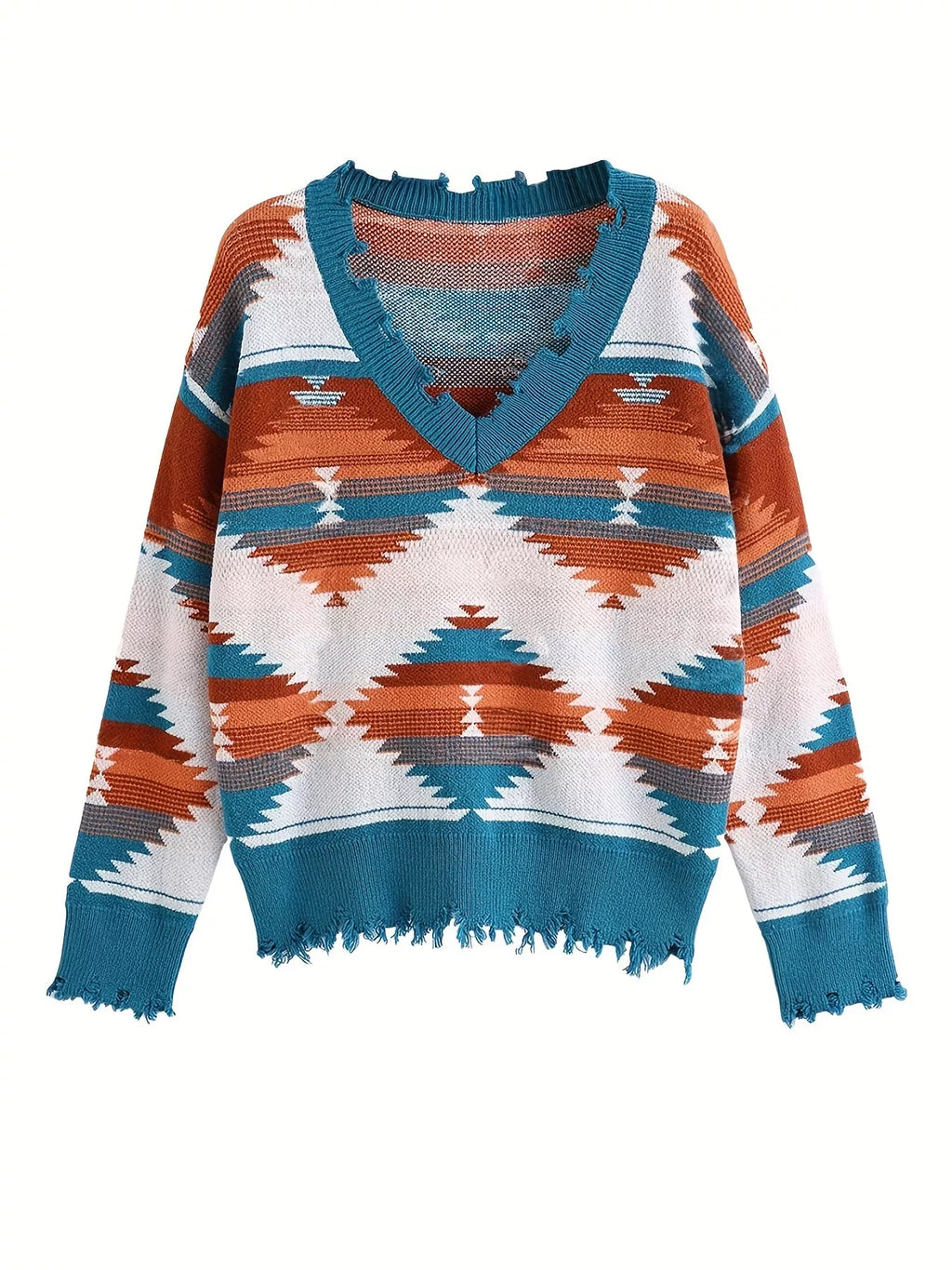 Geometric Frayed Hem V-Neck Long Sleeve Sweater 4 Color Options
