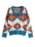 Geometric Frayed Hem V-Neck Long Sleeve Sweater 4 Color Options