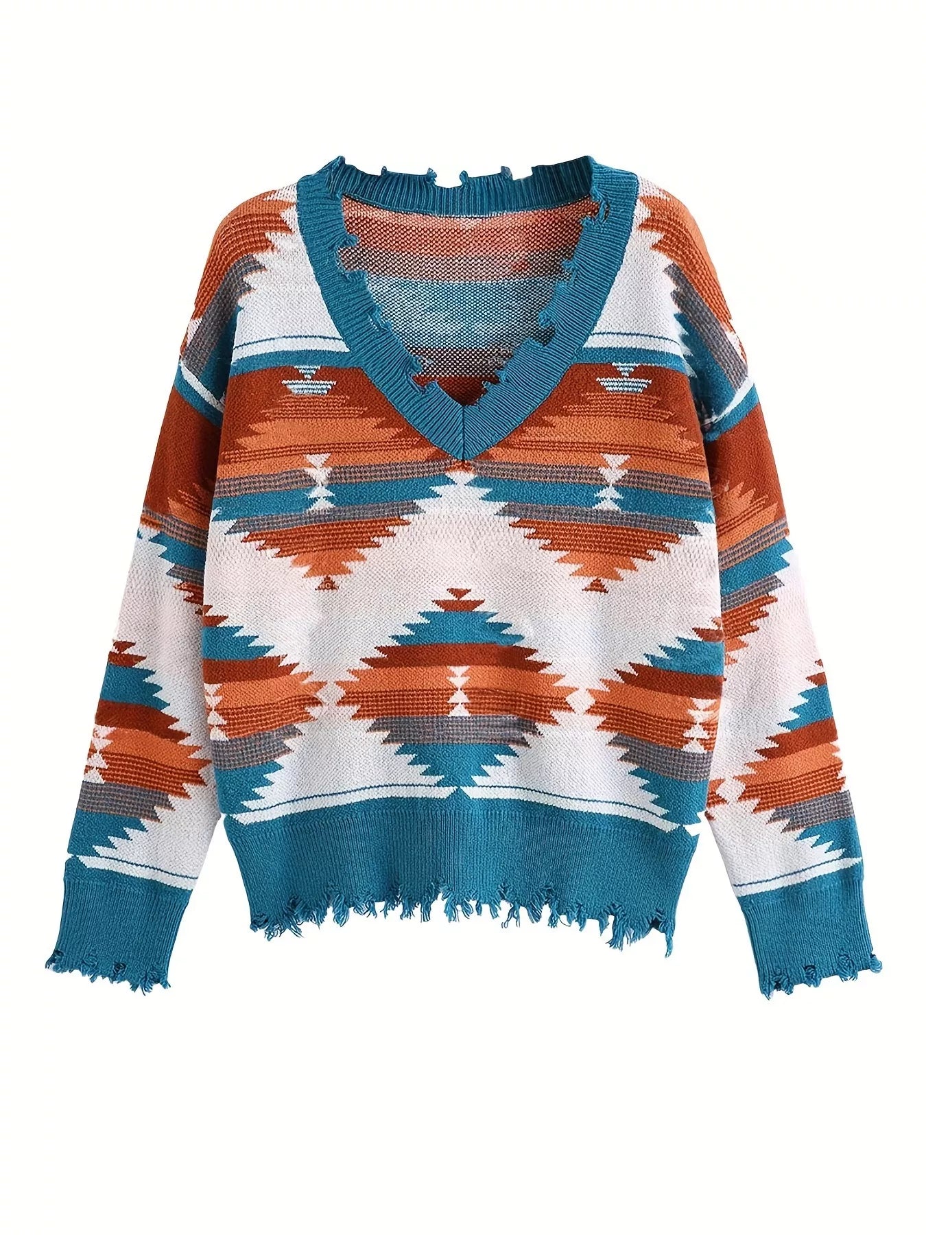 Geometric Frayed Hem V-Neck Long Sleeve Sweater 4 Color Options