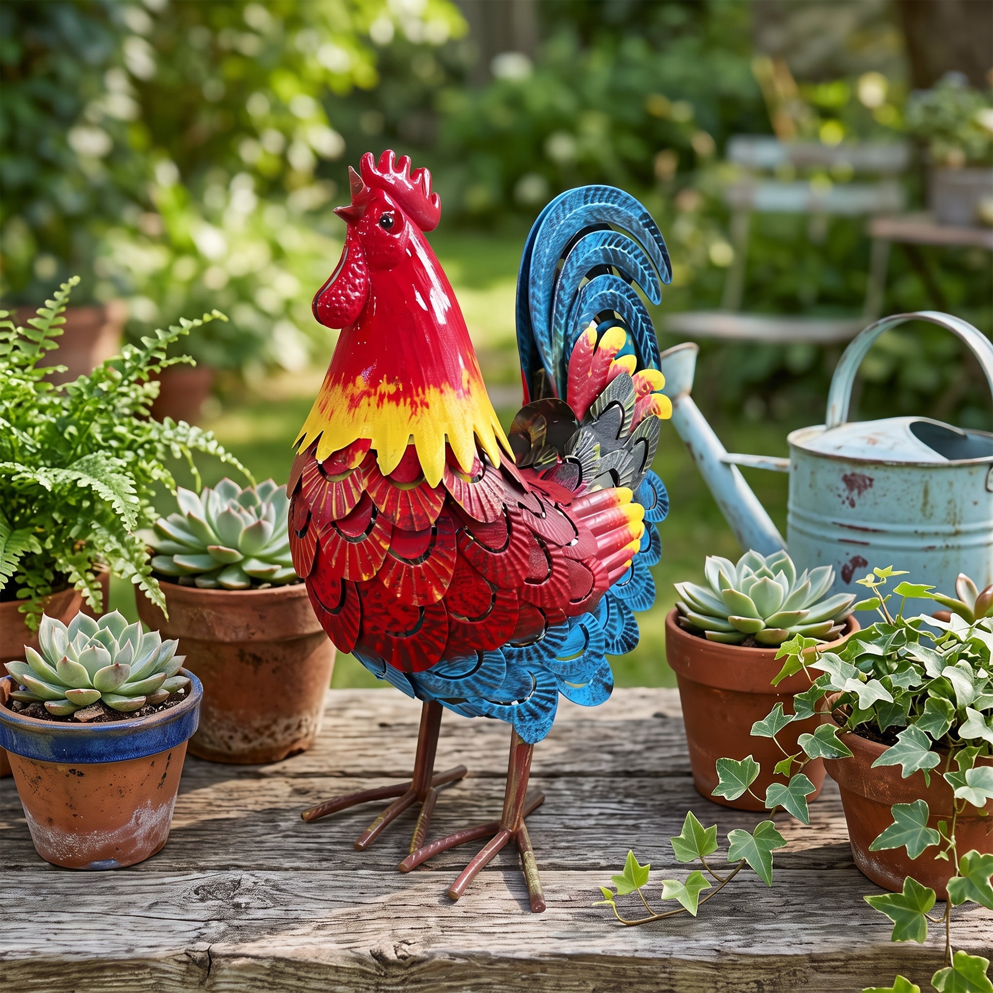 Wrought Iron Rooster Garden Statue