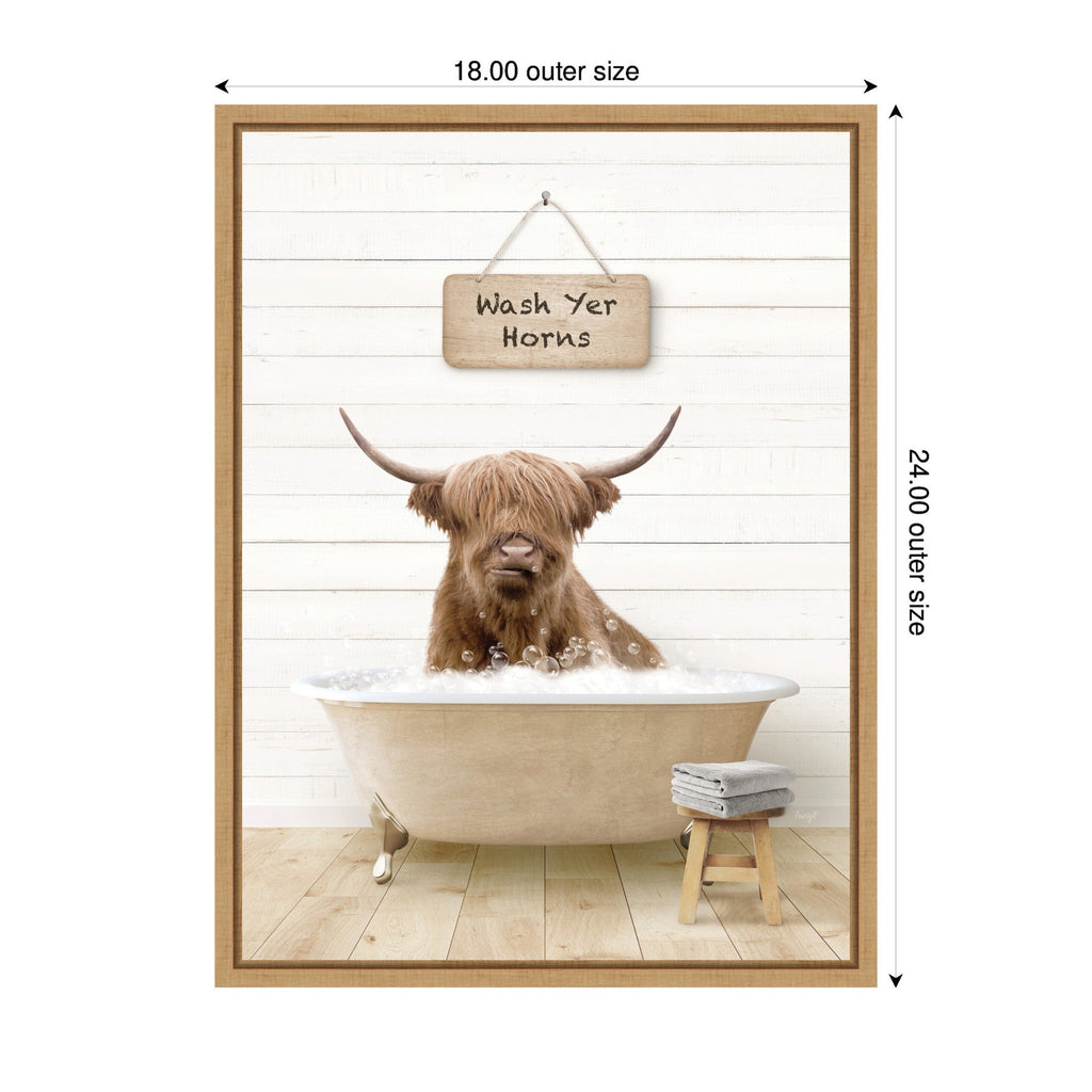 Sylvie Highland Cow in Modern Bathtub Wash Your Horns Framed Canvas by Amy Peterson