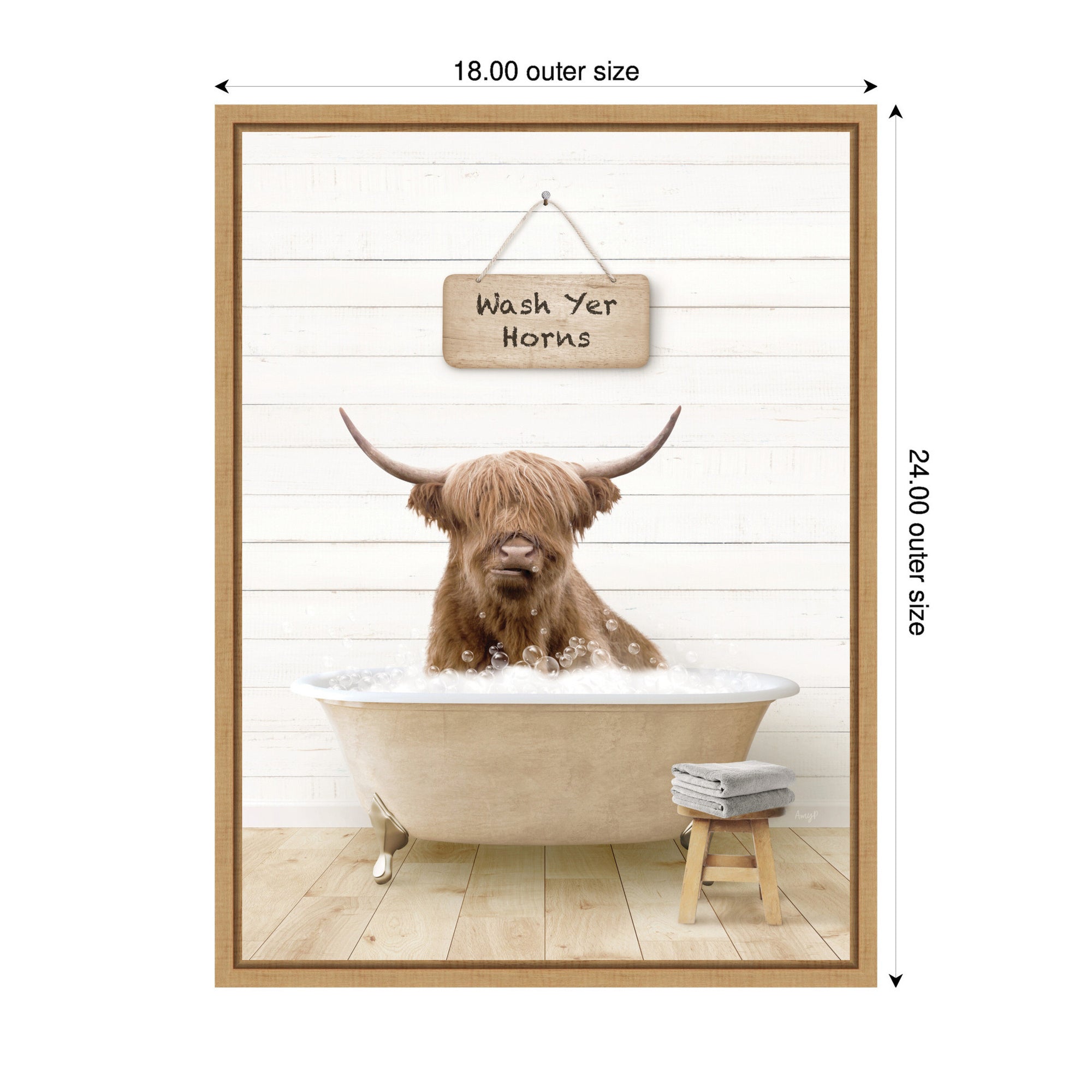 Sylvie Highland Cow in Modern Bathtub Wash Your Horns Framed Canvas by Amy Peterson