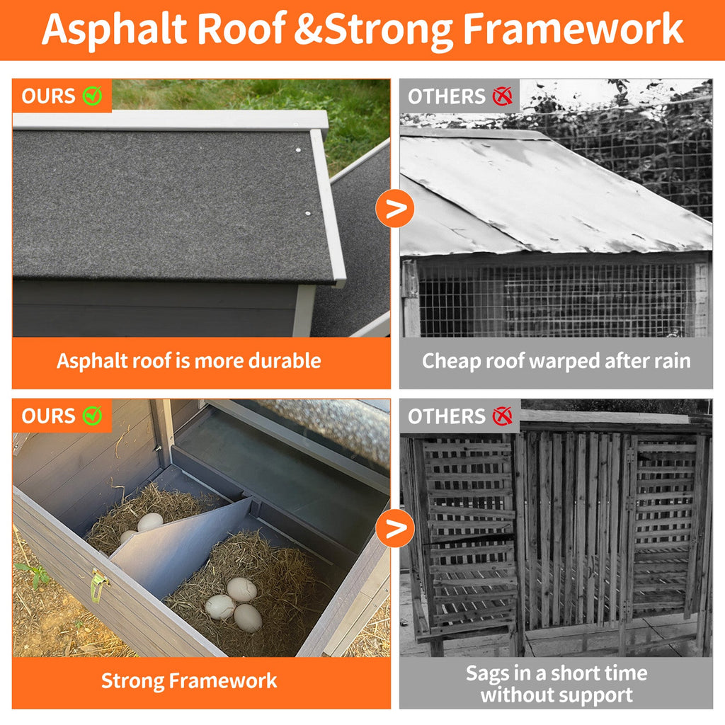 Gray Wooden Chicken Coop with Run and Nesting Box