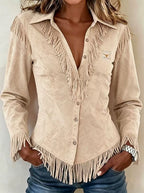 Spot Amazon Foreign Trade Cross-Border 2025 Western Cowboy Style Suede Tassel Slim Long-Sleeved Shirt