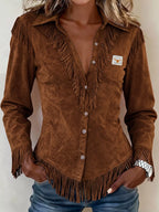 Full Size Fringed Collared Neck Shirt Plus Size