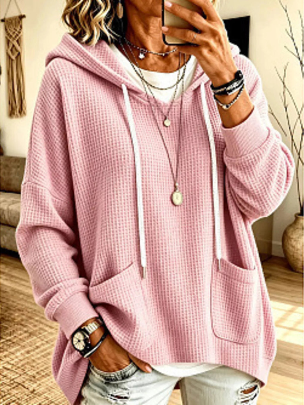 Full Size Waffle Knit Drawstring Long Sleeve Hoodie Plus Size