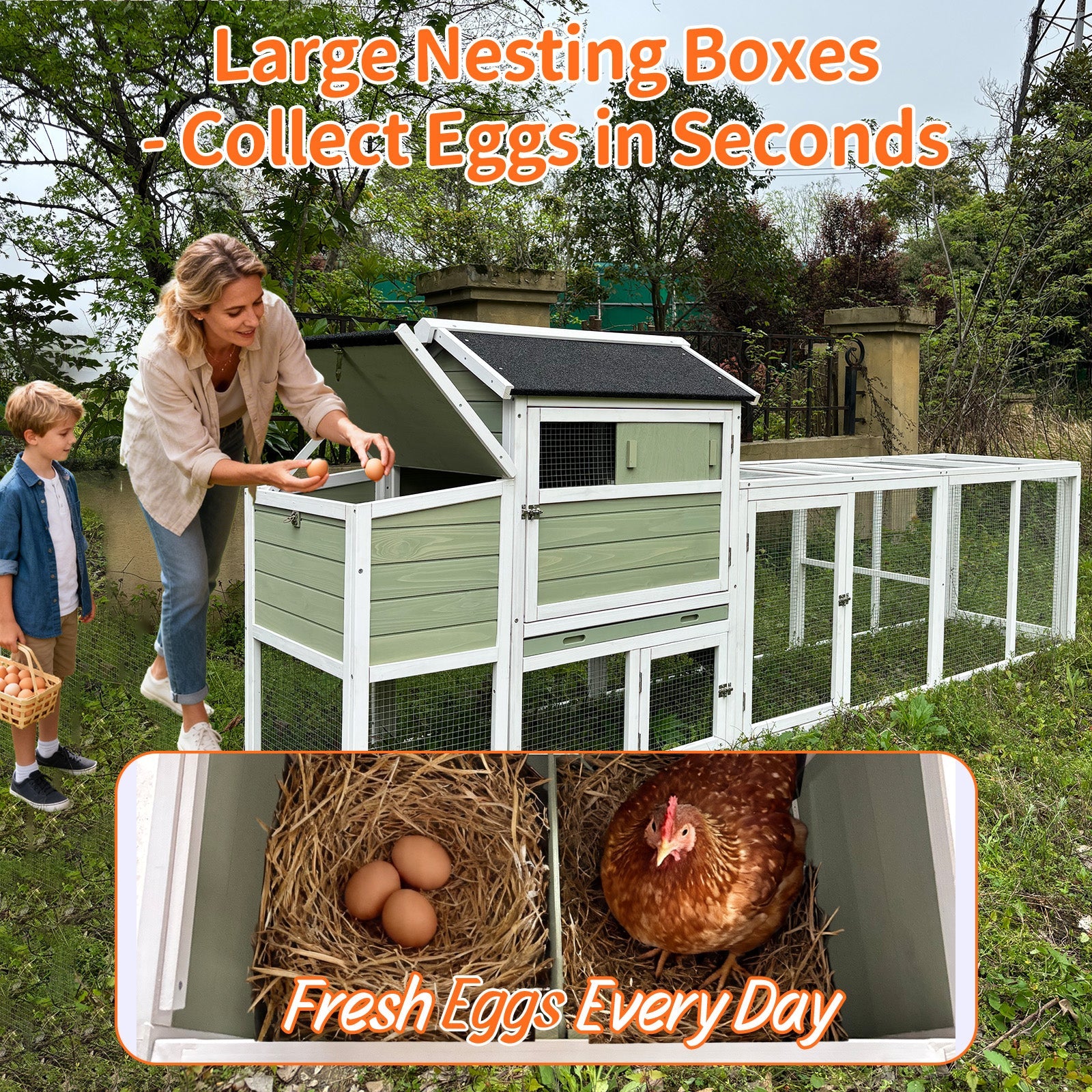 Wooden Chicken Coop, Large Outdoor Hen House with Run and Nesting Box
