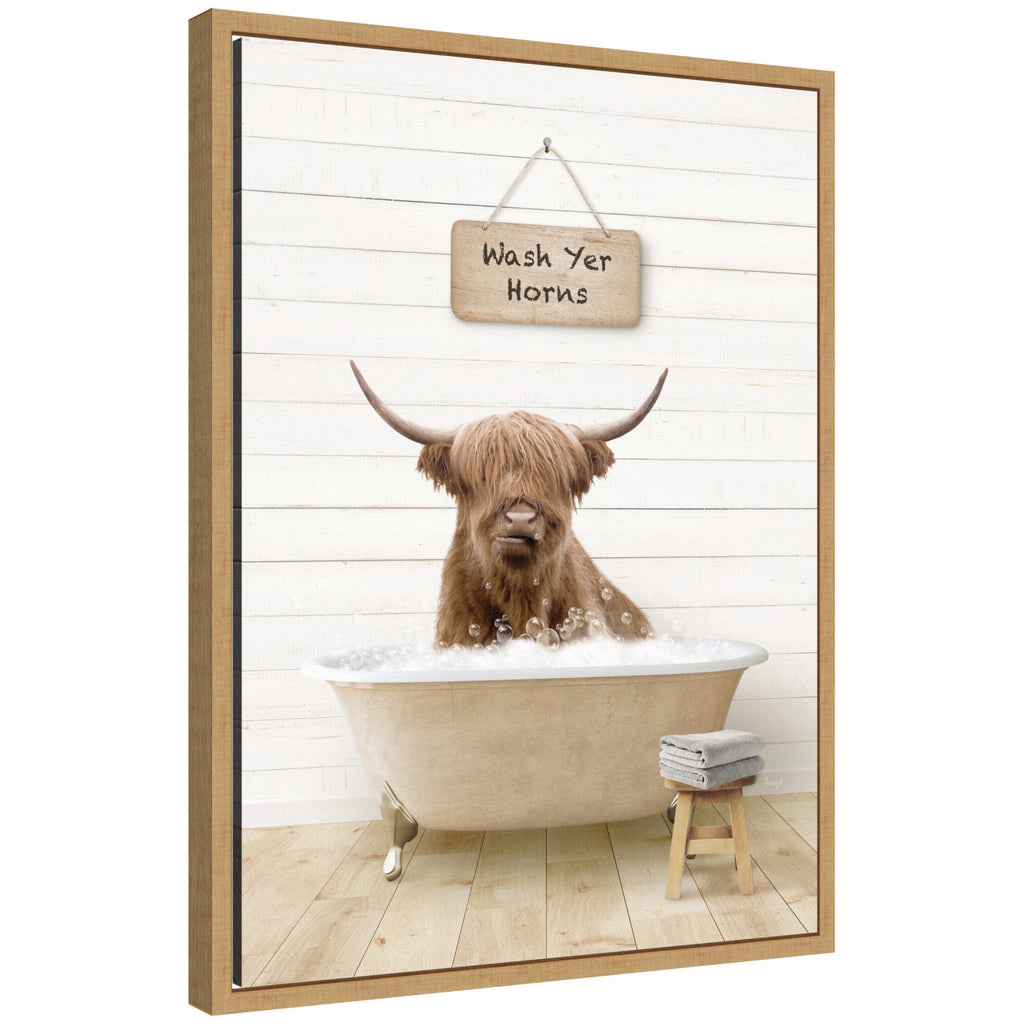 Sylvie Highland Cow in Modern Bathtub Wash Your Horns Framed Canvas by Amy Peterson