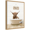 Sylvie Highland Cow in Modern Bathtub Wash Your Horns Framed Canvas by Amy Peterson