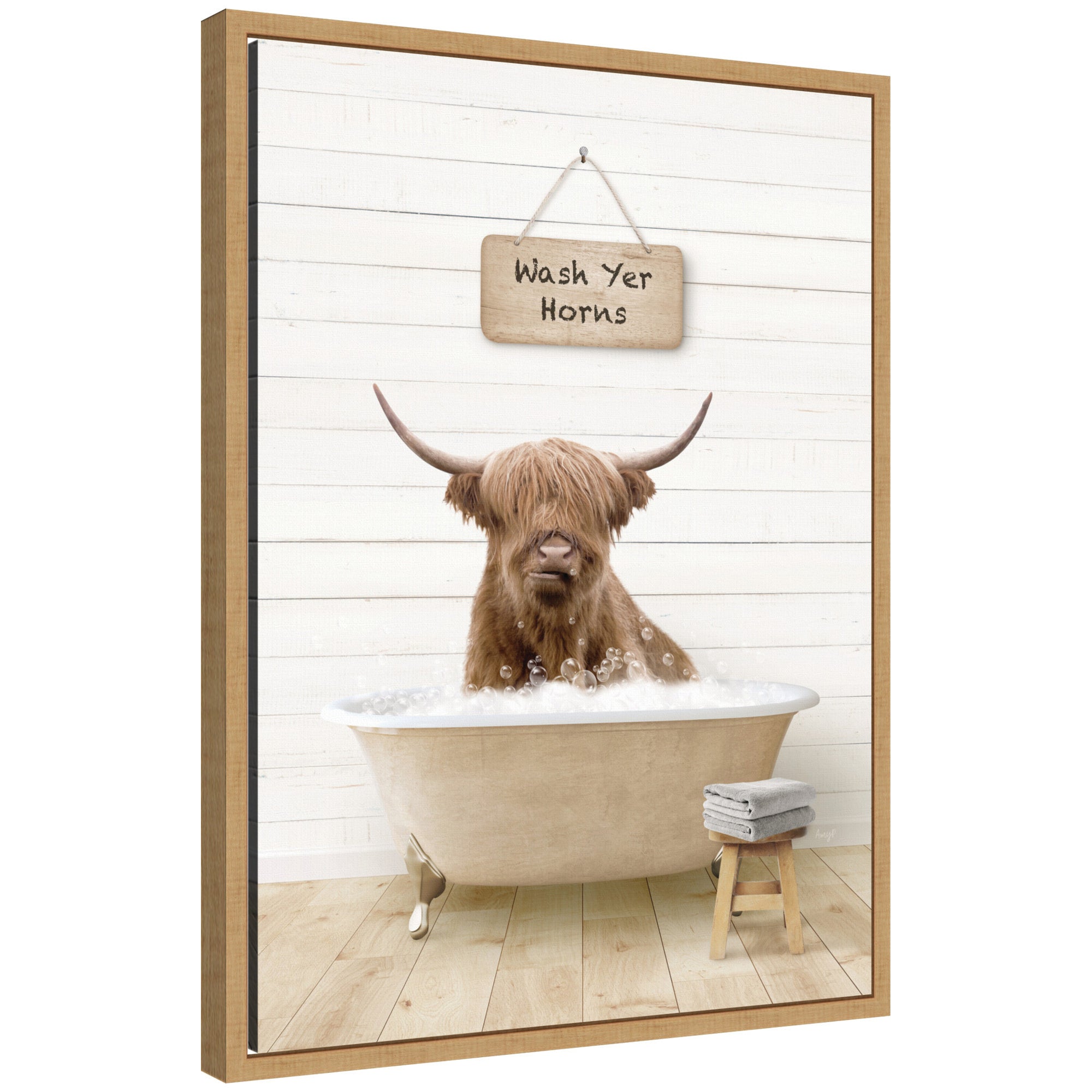 Sylvie Highland Cow in Modern Bathtub Wash Your Horns Framed Canvas by Amy Peterson