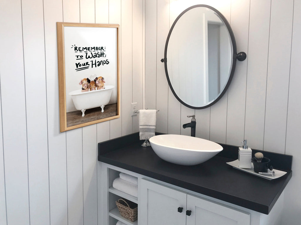Blake Three Little Pigs in Vintage Bathtub Framed Printed Glass by Amy Peterson Art Studio