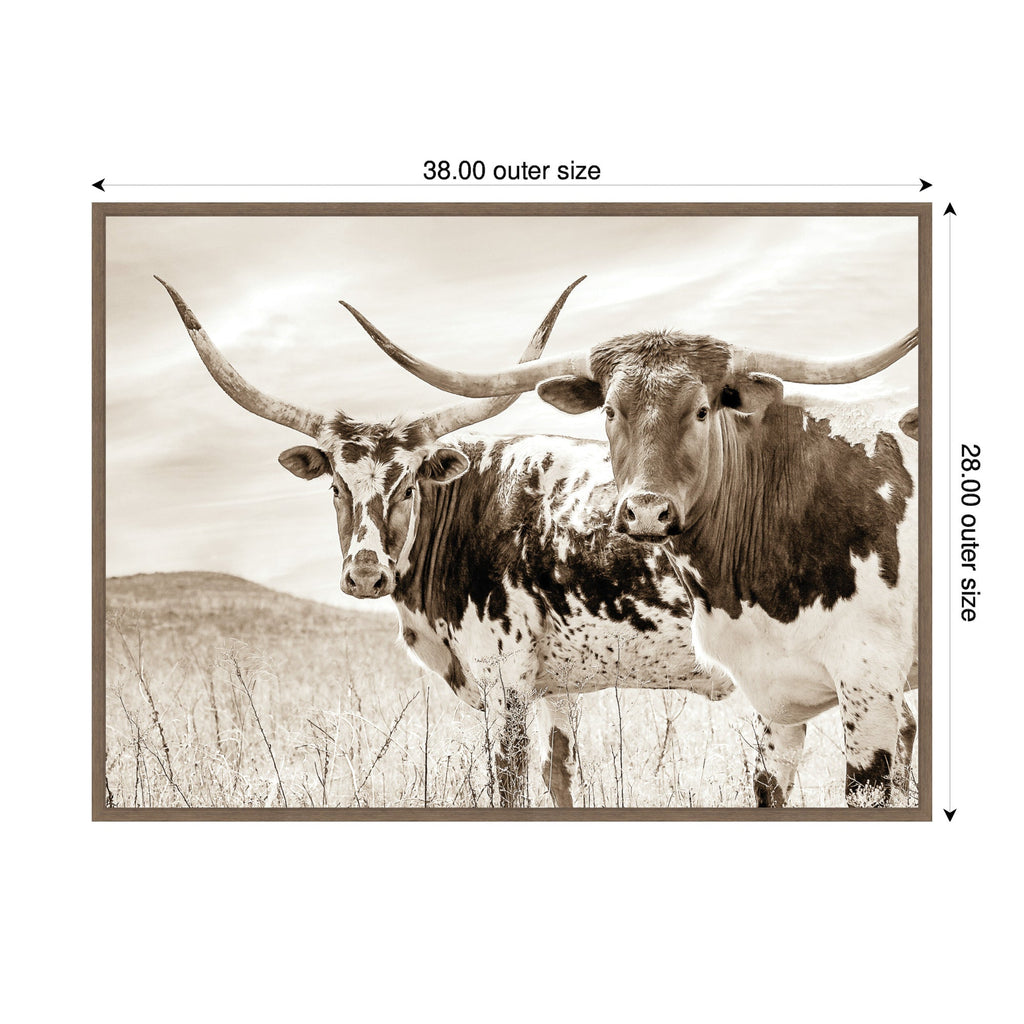 Sepia Texas Longhorn Cattle in Pasture by The Creative Bunch Studio Framed Canvas Wall Art Print