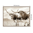 Sepia Texas Longhorn Cattle in Pasture by The Creative Bunch Studio Framed Canvas Wall Art Print