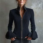Women's Slim-Fit Rib-Knit Zip-Up Top with Flared Cuffs