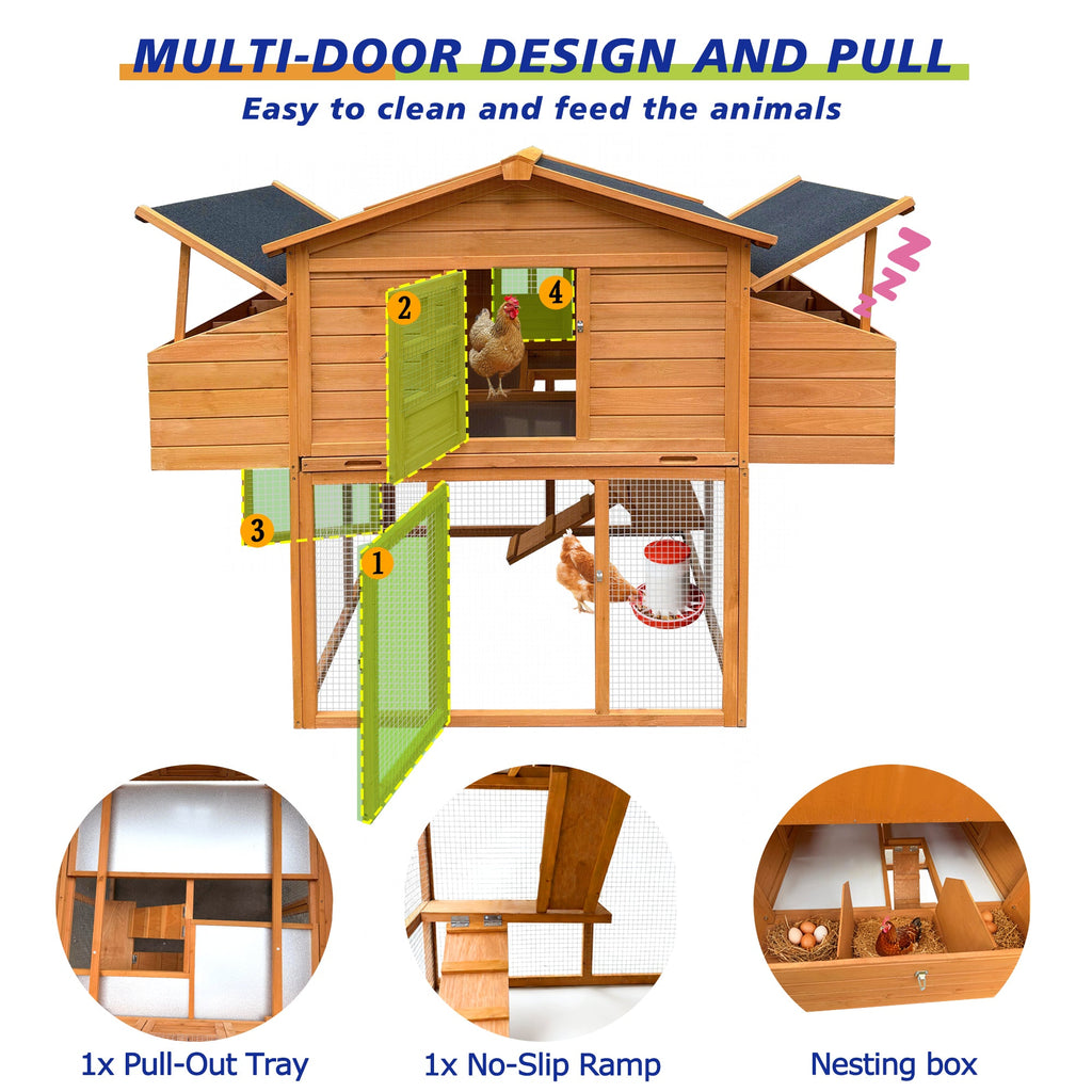 Chicken House for Outdoor with Two Nesting Boxes, Leakproof Pull-On Tray, and UV-Resistant Roof Panel
