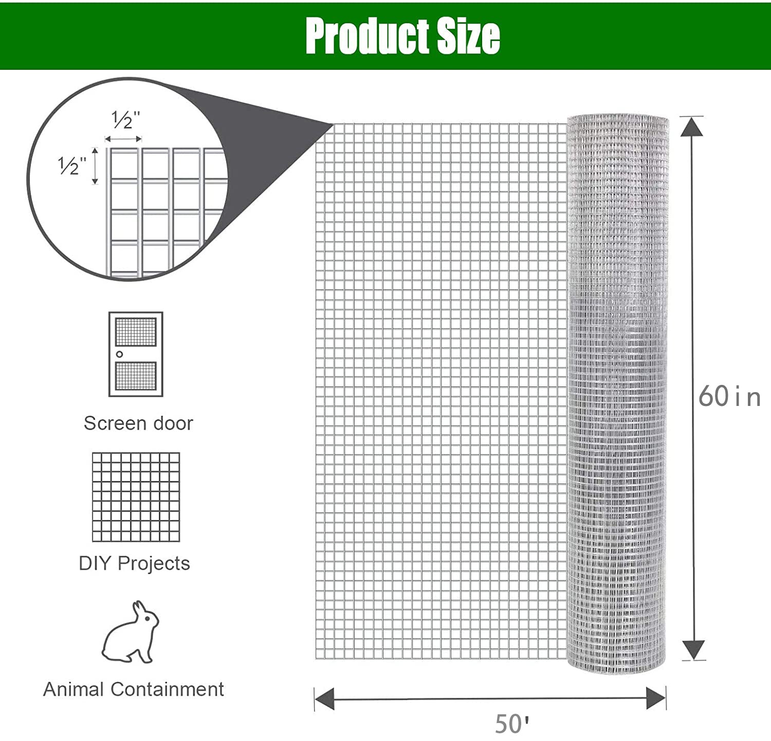 Wire Mesh Fence Roll 60in x 50ft, 1/2in x 1/2in 19GA Galvanized Steel Poultry Netting