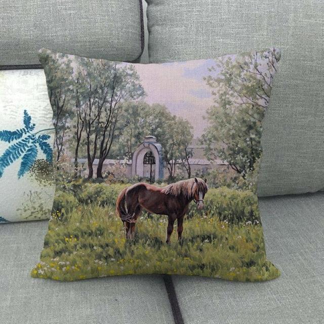 Elegant Grassland Floral Horse Pillow Covers Pastoral Animal Pattern Decorative Pillow Cases For Home Car Sofa Best Gift Linen / Cotton Square Pillow Cover Decorative Throw Pillowcase, Farmhouse Horse 45X45cm
