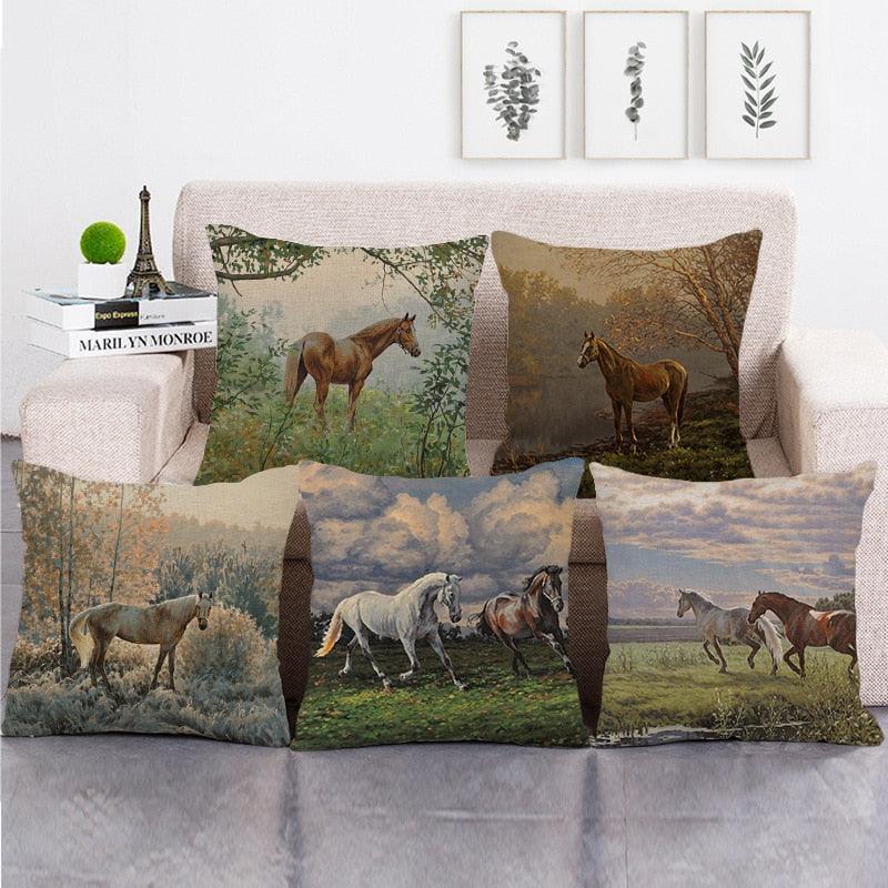 Elegant Grassland Floral Horse Pillow Covers Pastoral Animal Pattern Decorative Pillow Cases For Home Car Sofa Best Gift Linen / Cotton Square Pillow Cover Decorative Throw Pillowcase, Farmhouse Horse 45X45cm