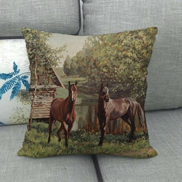 Elegant Grassland Floral Horse Pillow Covers Pastoral Animal Pattern Decorative Pillow Cases For Home Car Sofa Best Gift Linen / Cotton Square Pillow Cover Decorative Throw Pillowcase, Farmhouse Horse 45X45cm