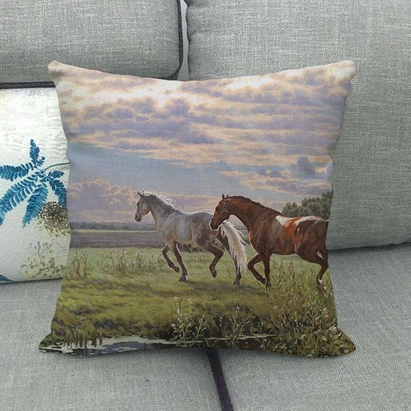 Elegant Grassland Floral Horse Pillow Covers Pastoral Animal Pattern Decorative Pillow Cases For Home Car Sofa Best Gift Linen / Cotton Square Pillow Cover Decorative Throw Pillowcase, Farmhouse Horse 45X45cm