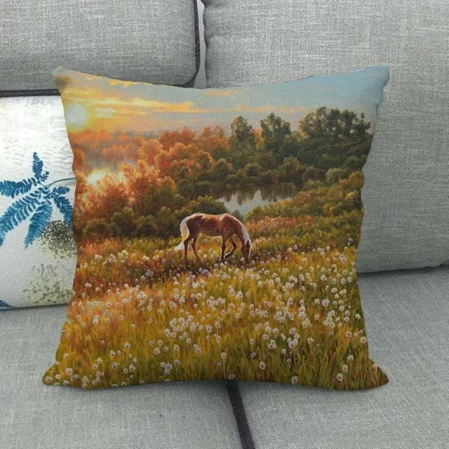 Elegant Grassland Floral Horse Pillow Covers Pastoral Animal Pattern Decorative Pillow Cases For Home Car Sofa Best Gift Linen / Cotton Square Pillow Cover Decorative Throw Pillowcase, Farmhouse Horse 45X45cm