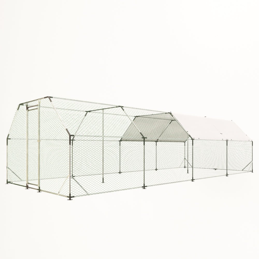 9.94×25.68 FT Large Walk-In Chicken Coop | Galvanized Steel Poultry Run with UV Waterproof Tarp & Lockable Doors — Hen House & Farm Pen