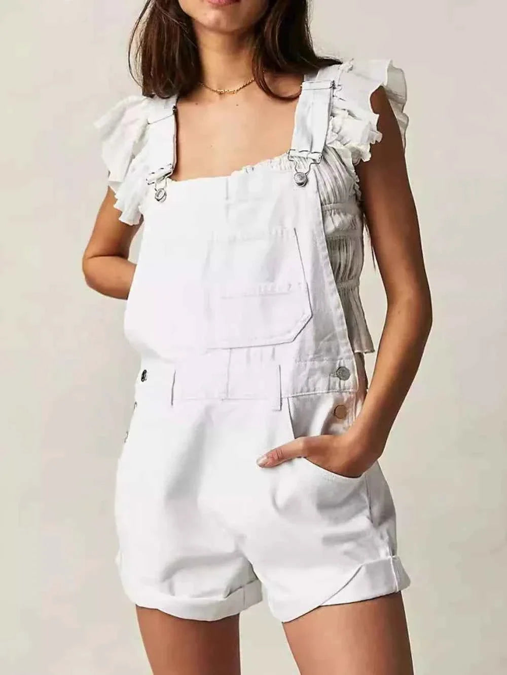 White Ruffle Sleeve Wide Strap Denim Overalls