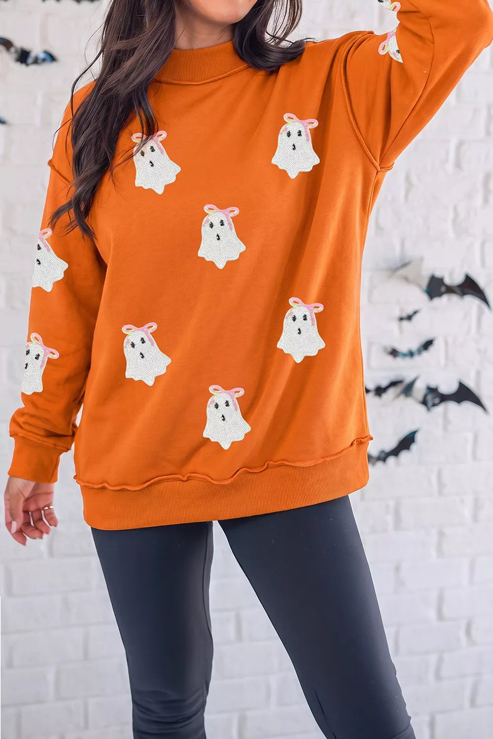 Sequin Ghost Exposed Seam Mock Neck Sweatshirt