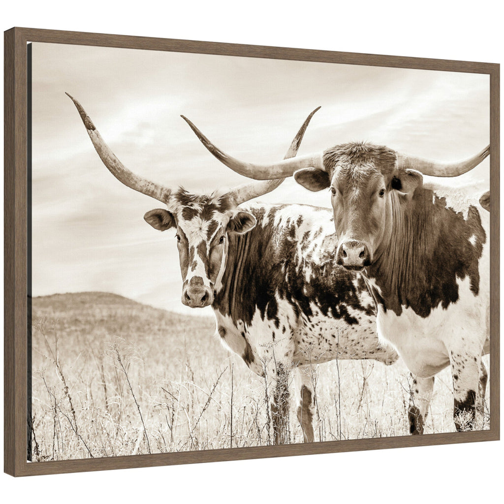 Sepia Texas Longhorn Cattle in Pasture by The Creative Bunch Studio Framed Canvas Wall Art Print