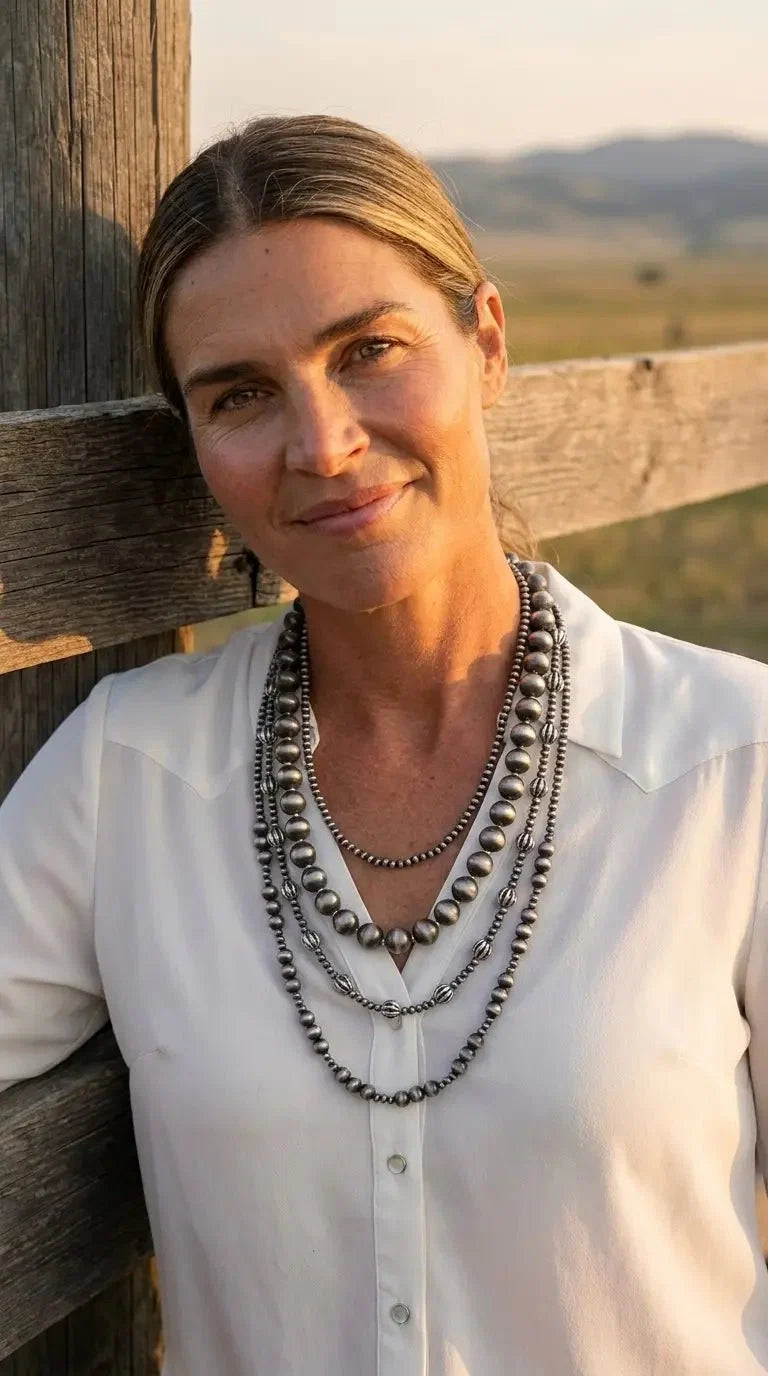 Faux Sterling Pearl Layered Necklace Set — 4-Piece Burnished Silver Western Layering Set (16" / 18" / 20" / 22")