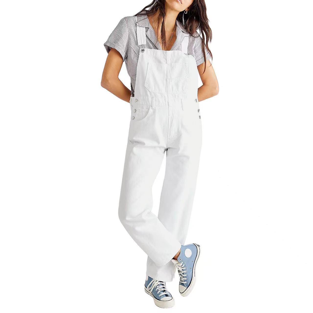 Women's High-Waisted Jumpsuit Overalls With Pockets Loose Fit Denim Trousers Casual Straight Leg Pants