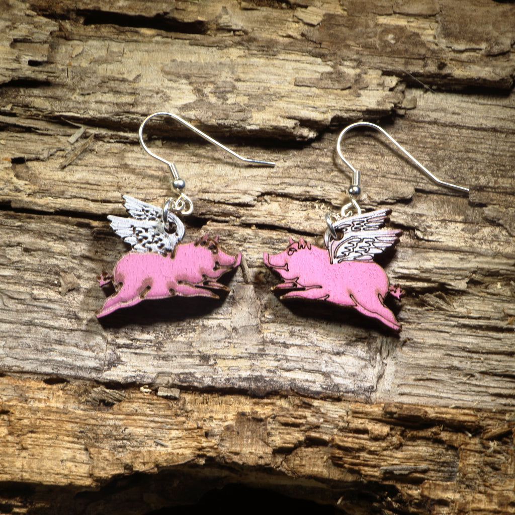 Flying Pig Wooden Dangle Earrings | Realistic Animal Jewelry