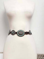Genuine Distressed Leather Western Concho Belt with Faux Turquoise Stone Buckle