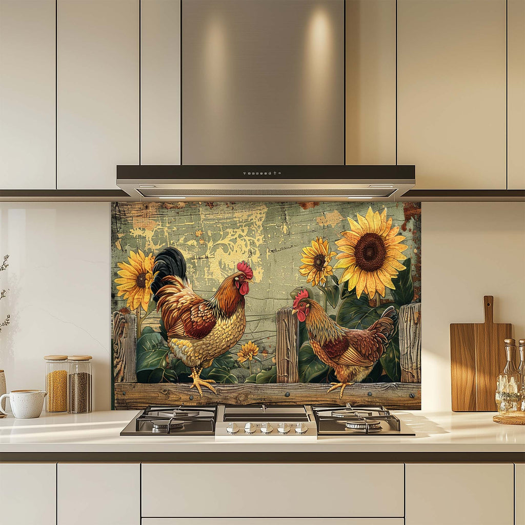 Sunny Roosters – Tempered Glass Backsplash | Farmhouse Chicken & Sunflower Backsplash
