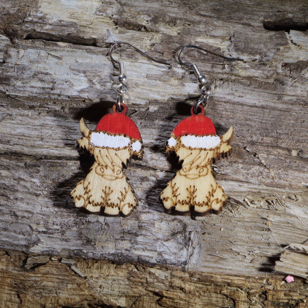 Christmas Highland Cow Wooden Earrings | Cute Farm Animal Jewelry