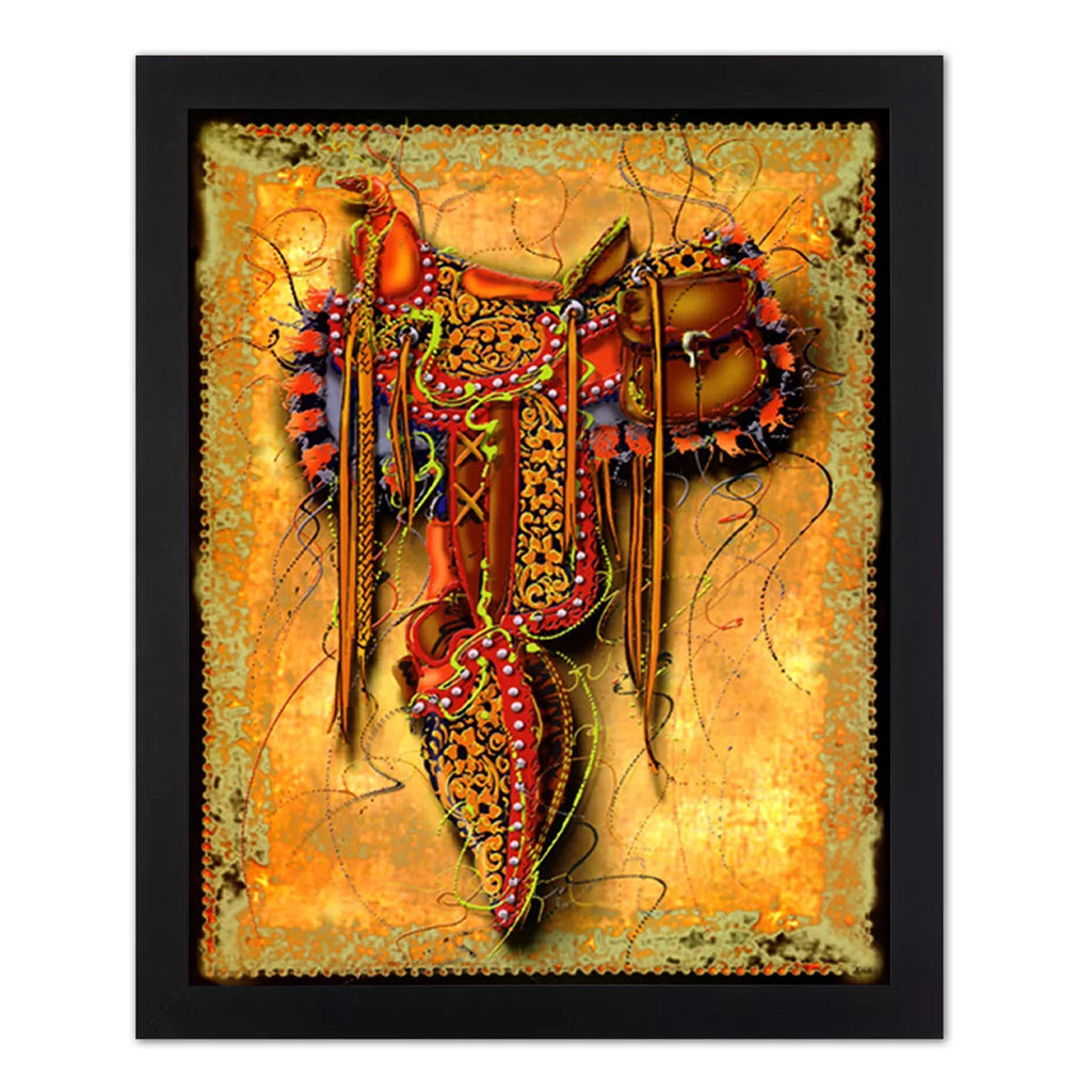 Cowboy Saddle Art - Western Wall Art 16x20 Inch Print with Black or Gold Frame