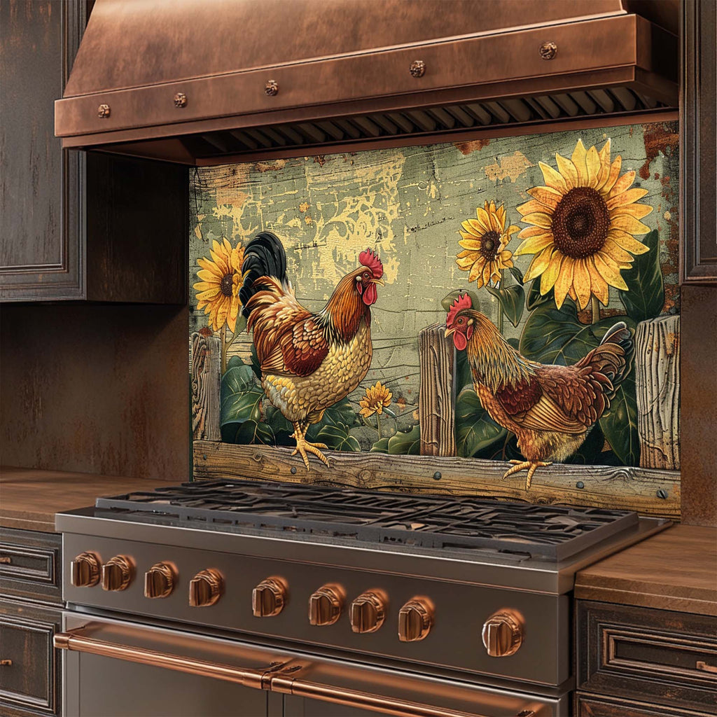 Sunny Roosters – Tempered Glass Backsplash | Farmhouse Chicken & Sunflower Backsplash