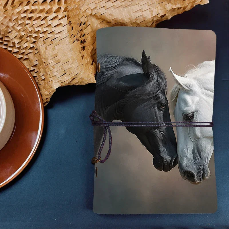 Luxury Leather Notebook - Elegant Horse Design (Black & White Horse Cover) - 160 Page (80 Sheets) Professional Journal with Rounded Corners & Elastic Closure - Ideal for Consultants, Lawyers, Writers - Office Planner, Client