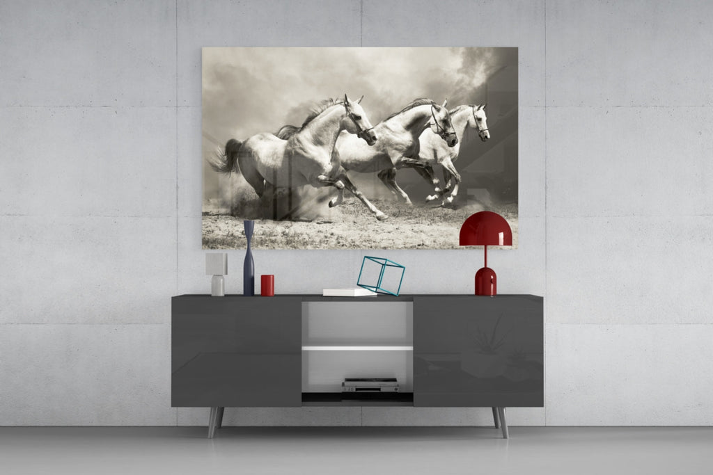 Three Gray Horses Sepia Run Glass Wall Art