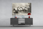 Three Gray Horses Sepia Run Glass Wall Art
