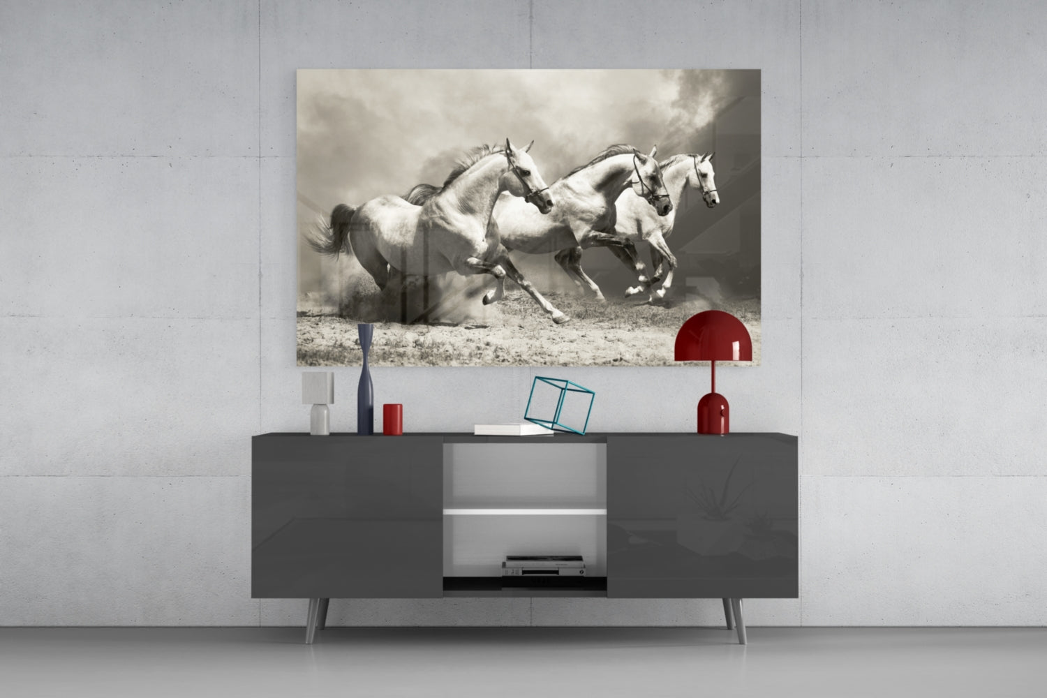 Three Gray Horses Sepia Run Glass Wall Art