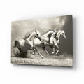 Three Gray Horses Sepia Run Glass Wall Art