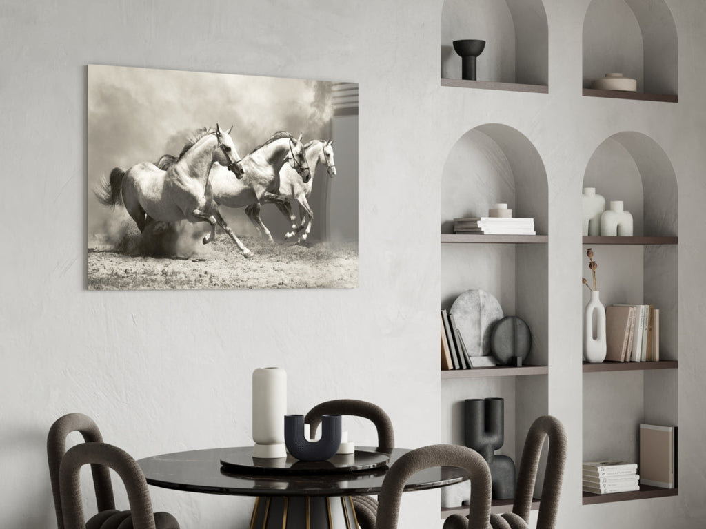 Three Gray Horses Sepia Run Glass Wall Art