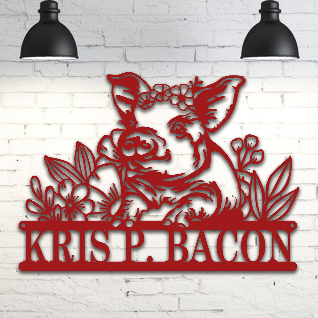 Personalized Metal Sign – Pig Metal Decor with Flowers | Custom Porch Sign
