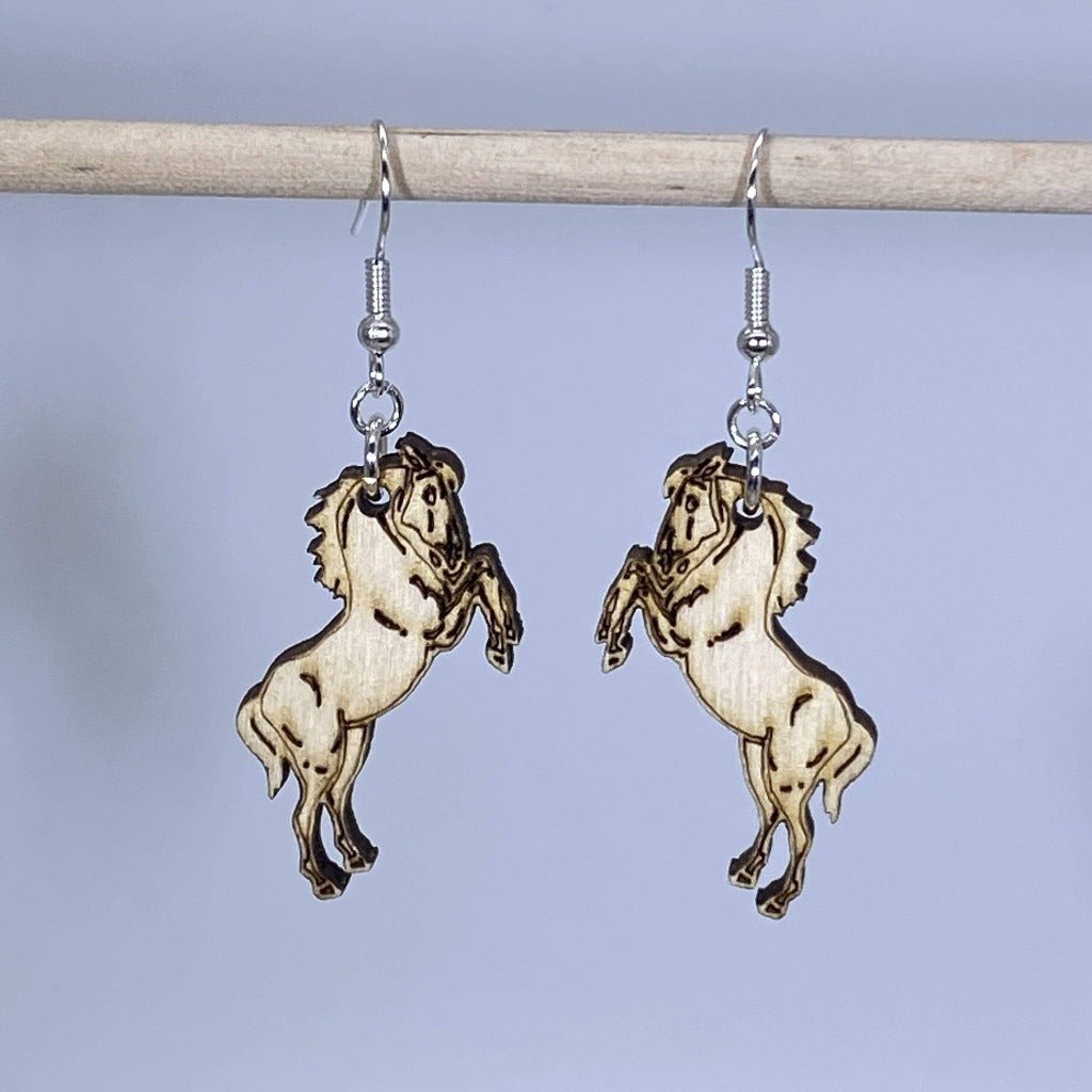 Realistic Mustang Horse Wooden Dangle Earrings | Western Animal Jewelry