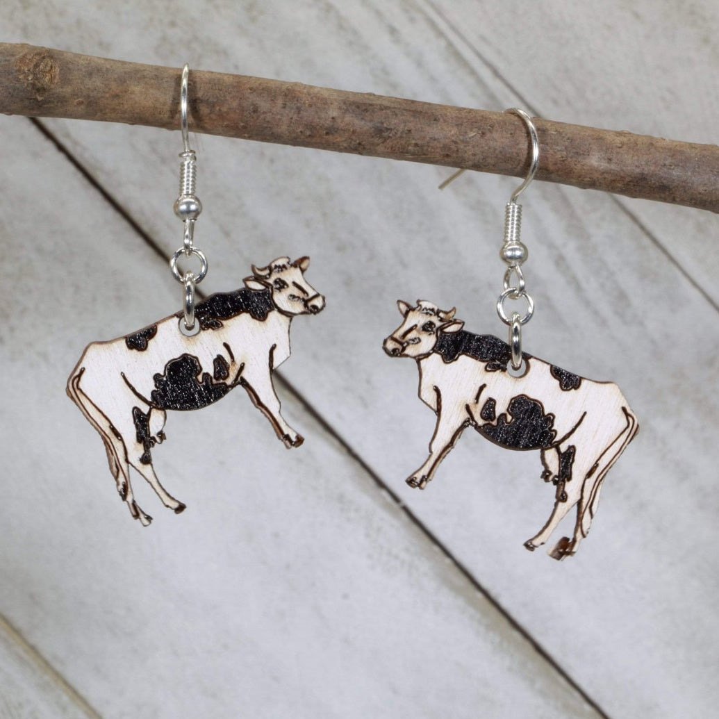 Realistic Cow Wooden Dangle Earrings | Farm Animal Jewelry