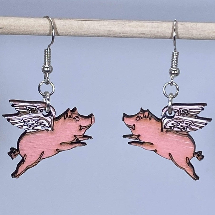 Flying Pig Wooden Dangle Earrings | Realistic Animal Jewelry