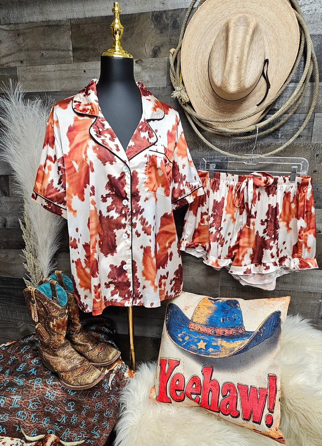 Baha Ranch Cow Hide Print Western Cowgirl Satin Pajama Set