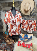 Baha Ranch Cow Hide Print Western Cowgirl Satin Pajama Set